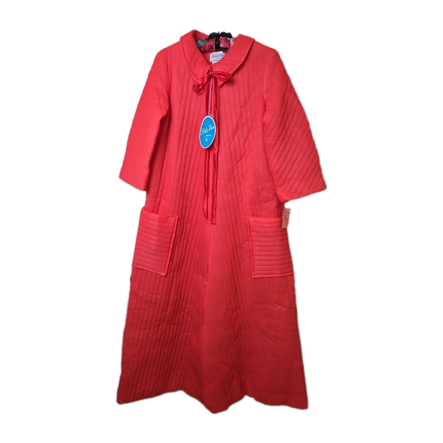 Vtg Nwt 1960s Dela-Ann Red Quilted Hostess Lounge Robe Bow Collar Deadstock Sz M